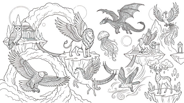 Mythical creatures coloring page vector, fantasy animals and legendary beasts line art, magical monsters on floating islands for kids activity