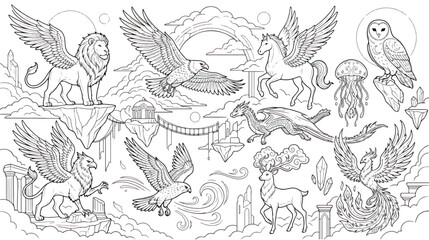 Obraz premium Mythical creatures coloring page vector set, fantasy animals line art collection with dragon and phoenix, magical beast illustrations for kids