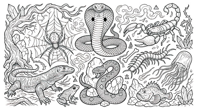Intricate line art of venomous animals and dangerous creatures, black and white doodle of cobra snake and scorpion, wildlife coloring page vector