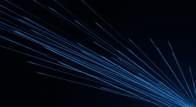 Abstract Blue Light Streaks Motion Blur on Black Background, Futuristic Technology Concept, Digital Data Stream, High Speed Network, Sci-Fi Energy Trails, Dynamic Motion Graphic Element