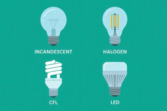 Set of four different light bulb types isolated on transparent background