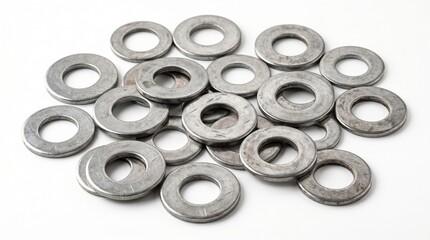 Obraz premium Many industrial metal washers scattered across a clean white surface capturing a high angle view of silver hardware components today