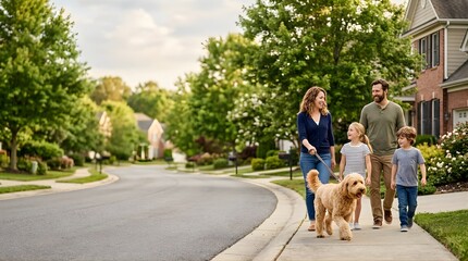 Obraz na płótnie Canvas Happy family walking their pet dog on a suburban sidewalk during the day