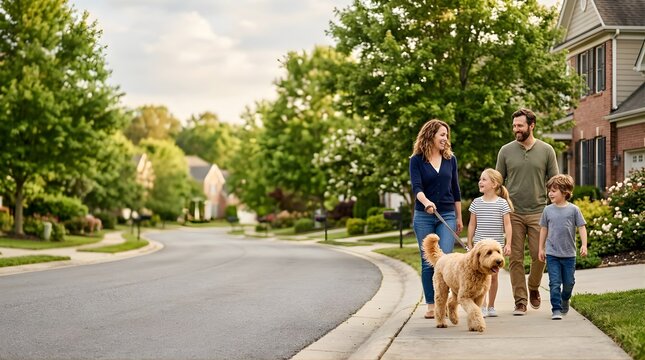 Happy family walking their pet dog on a suburban sidewalk during the day