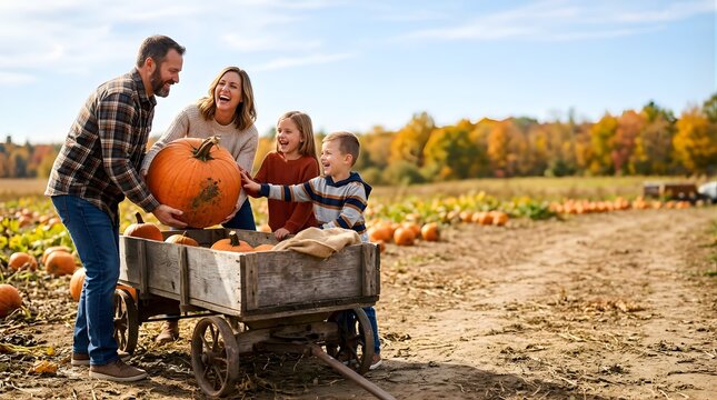 Happy family with children picking pumpkins at farm during autumn harvest