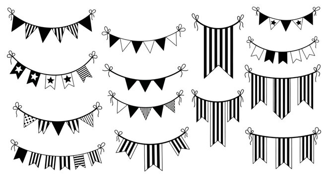 Hand drawn bunting flags collection, black and white party garland vector set, festive hanging pennant banners for celebration decor