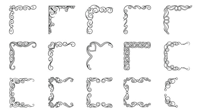 Collection of elegant vintage corner frame designs with floral scrolls and decorative patterns in black line art.