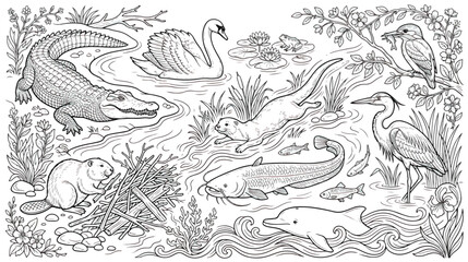 Black and white river animals coloring page vector, wetland wildlife line art illustration, freshwater pond ecosystem with crocodile and swan © chouadhrynuman