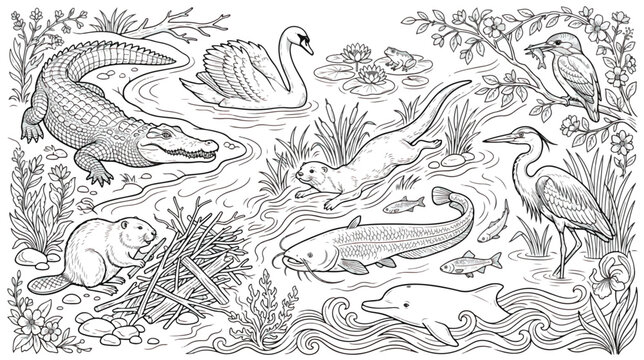 Black and white river animals coloring page vector, wetland wildlife line art illustration, freshwater pond ecosystem with crocodile and swan