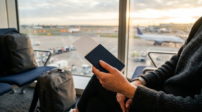Traveler Holding Passport and Boarding Pass at Airport Window