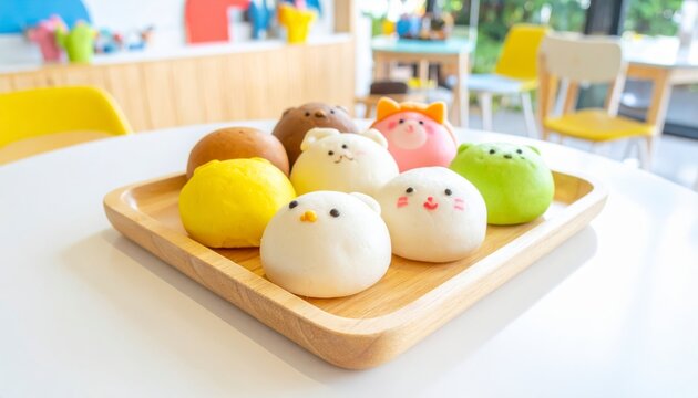 A delightful collection of colorful steamed buns shaped like adorable animals arranged on a wooden tray.