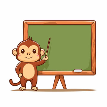 Cute Monkey Teacher Pointing at a Green Blackboard