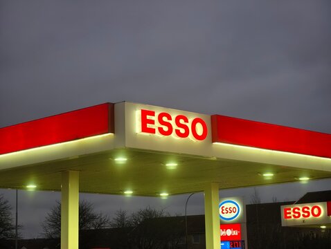 Oslo, Norway-Nov.25th 2025: ESSO brand logo on a gas station canopy