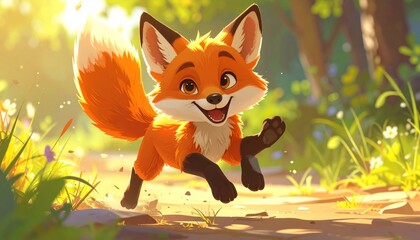 Obraz premium A cartoon orange fox runs happily outdoors.