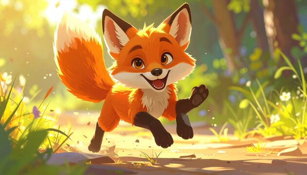 A cartoon orange fox runs happily outdoors.