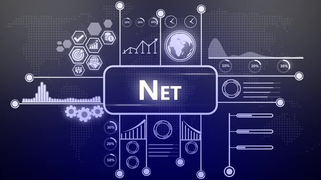 Digital network data analytics dashboard with animated infographics and global connectivity