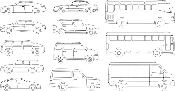 Detailed collection of simple black and white vector illustration icons featuring various types of passenger cars and public buses