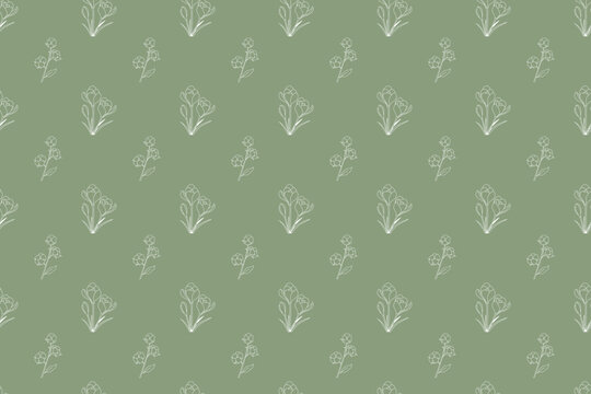 Seamless floral pattern with alternating three-petal blossoms and sprigs of two small flowers, minimalist white line art on muted green background for textiles, wallpapers, or decorative prints