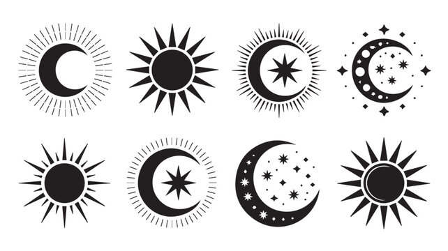 Black celestial icons of suns and moons with stars on white background for design and decoration purposes in various vector graphic styles and patterns