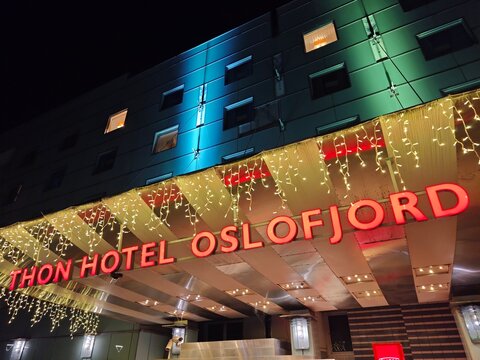 Akershus, Norway-Nov.25th 2025: Thon Hotel Oslofjord sign 