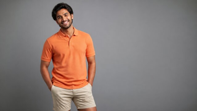 Confident Indian young man smiling warmly while posing casually in orange polo shirt and shorts against clean gray studio background
