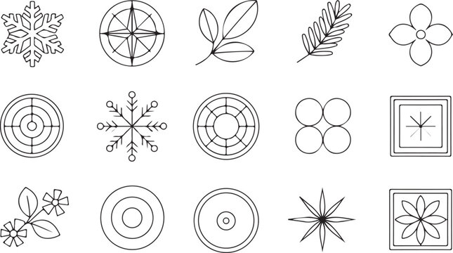 Collection of fifteen minimalist black and white vector icons featuring geometric shapes floral elements snowflakes and simple abstract linear patterns