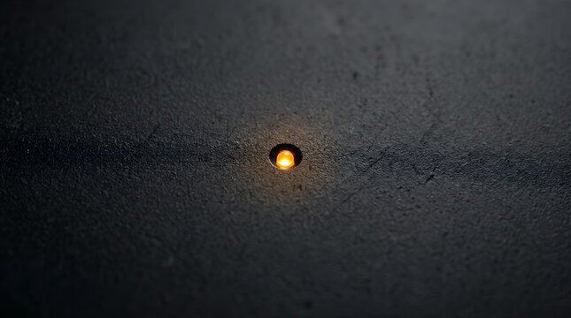 Glowing orange LED indicator light on dark textured surface, small electronic power signal lamp, minimalist hardware status light on black plastic