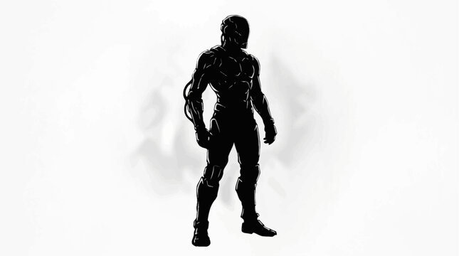 Futuristic cyborg standing in dramatic spotlight against dark background with glowing particles