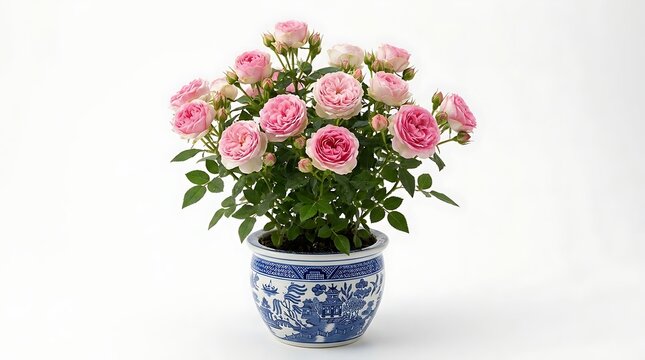 Pink roses in blue and white willow pattern ceramic pot