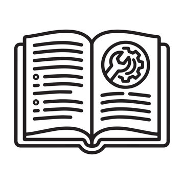Minimalist Line Art Icon of an Open Book with a Gear and Wrench Symbolizing Technical Manuals, Instruction Guides, and Troubleshooting.