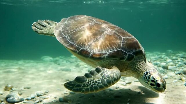 A green sea turtle gracefully swims in clear ocean water exploring the sandy seabed with dappled sunlight