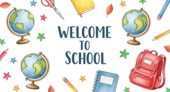 Welcome to school background with school supplies like globes, backpack, and stationery isolated on white background