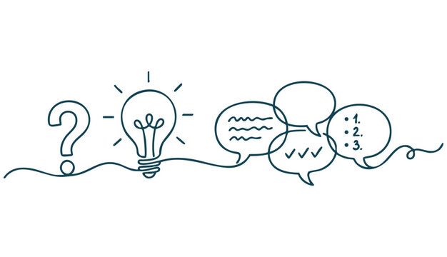 Quick tips concept in one line. Hand-drawn vector with light bulb, question mark, and speech bubbles. Minimalist continuous line drawing. Isolated on white.