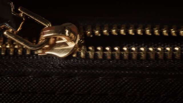 Close up background shot of unrecognizable person opening golden zipper on purse or suitcase with highlights accentuating slide fastenings and metal decor elements, copy space