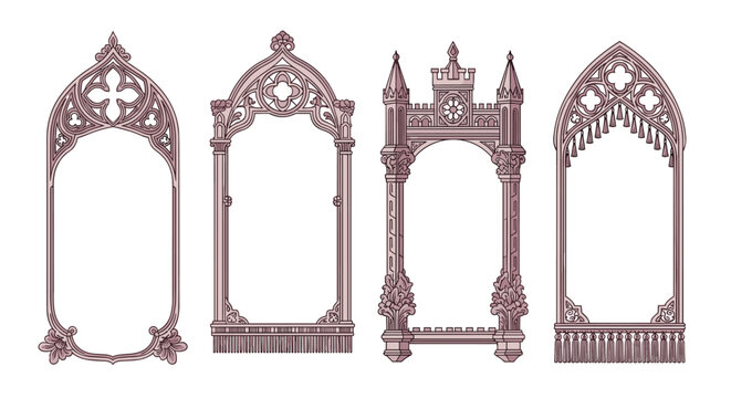 Gothic arched window frames, ornate architectural elements, decorative borders, intricate filigree, vintage aesthetic, vector illustration