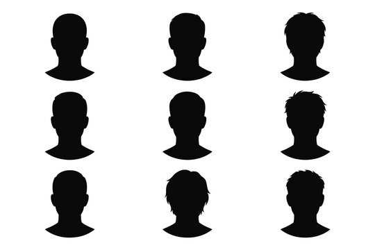 Man head silhouette vector set isolated on white background Male portrait profile avatar shapes collection with different hairstyles
