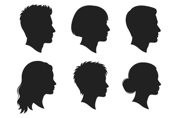 People head silhouettes vector set side profile portrait of men and women with diverse haircuts isolated on white background © MdJherulIslam
