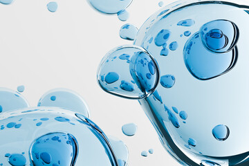 Abstract cosmetic serum bubbles with transparent gel texture blue background. Hydrating skincare concept with moisturizing liquid droplets and copy space for beauty branding. Close up macro drops. © Iana Kunitsa