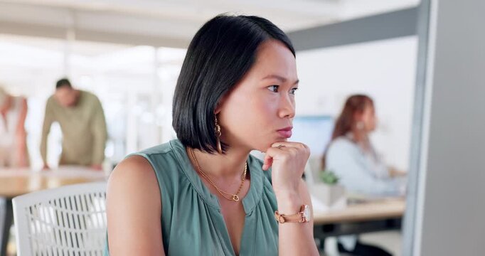 Thinking, computer or business woman in Singapore office for data analytics, research or website SEO review. Creative, marketing or Asian woman with tech data analysis, big data or kpi strategy