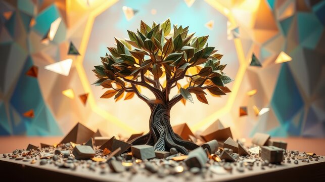 Tree stands amidst fragmented geometry. Warm light illuminates scene, creating dramatic contrast. Growth persists despite destruction.
