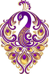 Fototapeta premium Ornate peacock with flowing tail feathers in regal purple and gold patterns during a decorative display isolated on white background