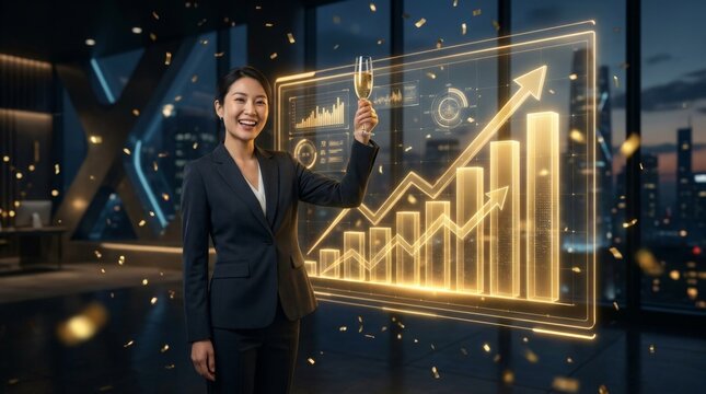 Celebrating Business Success with Virtual Charts and Champagne Toast