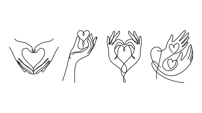 Set of four minimalist line art illustrations depicting hands forming heart shapes, symbolizing love, care, and connection