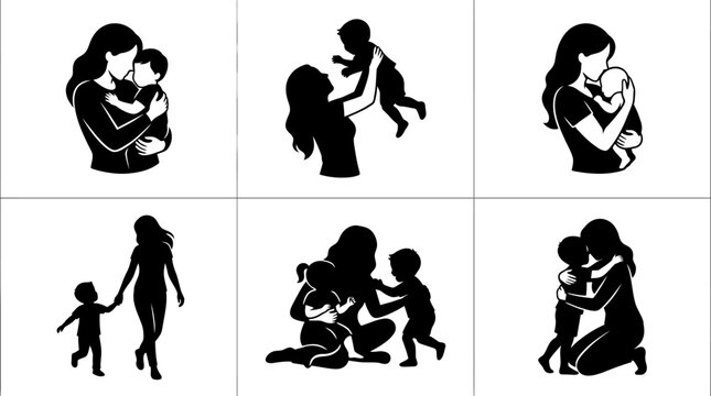 Elegant vector silhouettes depicting the unconditional love and profound maternal bond between mothers and children, capturing tender moments of nurturing, play, and connection