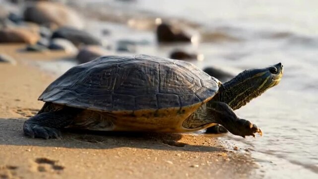 A freshwater turtle slowly walks along a sandy beach at sunset with water and pebbles in the background symbolizing natures resilience and wildlife