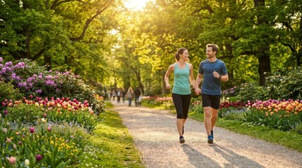 Obraz premium Couple Jogging Together in Scenic Park Surrounded by Colorful Flowers