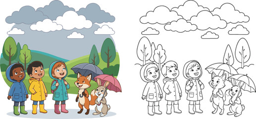 Naklejka premium children playing in a park, children playing with bubbles, sport, nature, ball, home, friends, son, coloring book clip art, coloring book line art.