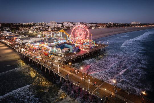 Night view of Pacific Playground at Santa Monica Pier, California, USA