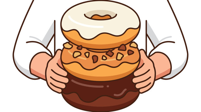 Hand holding a stack of three glazed donuts with various frostings isolated on white