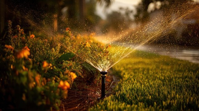 A sprinkler system watering the green lawn in the garden under a blue sky and sunlight creates a tranquil natural landscape in the summer.